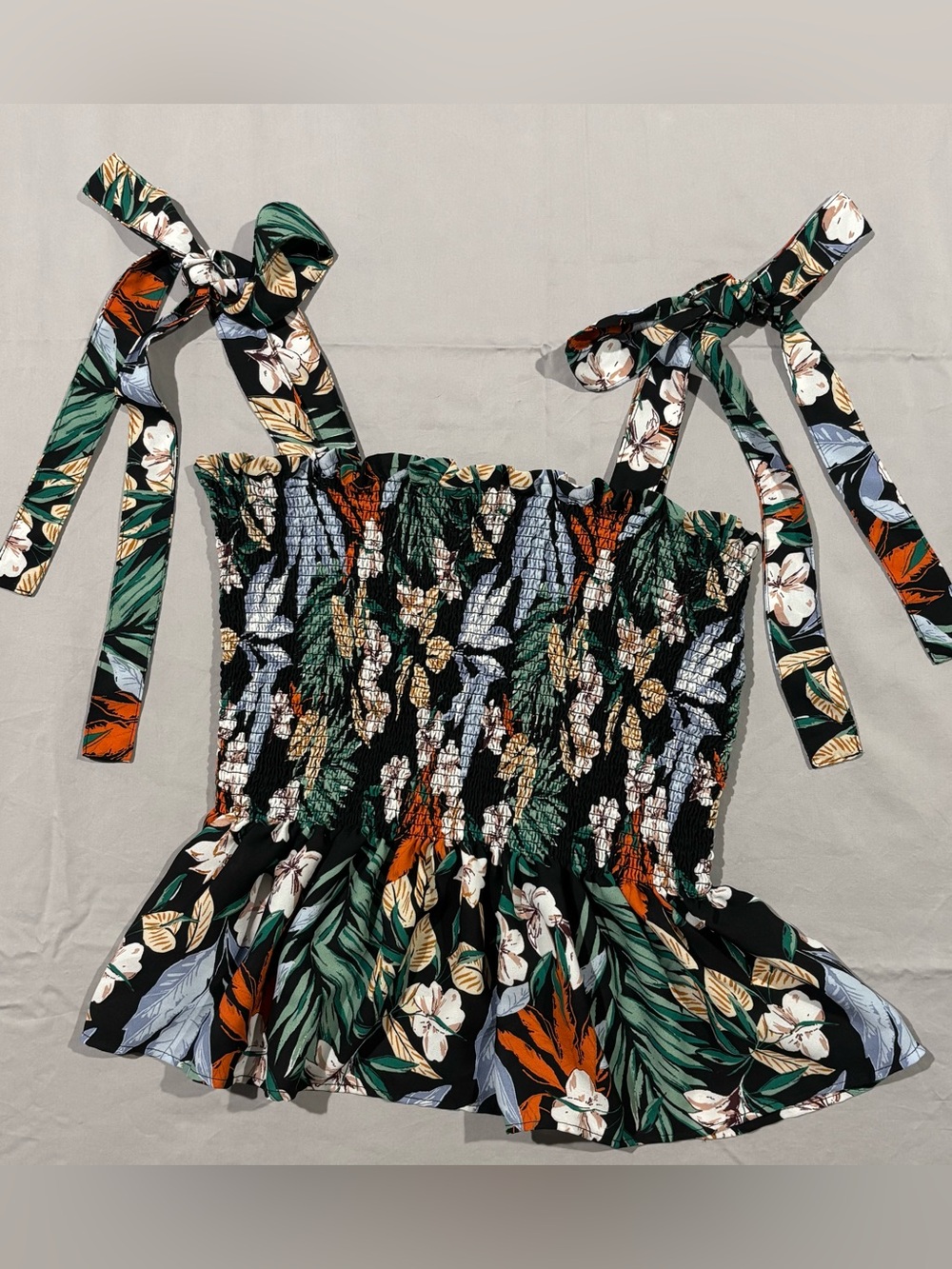 Rachel Zoe Black Floral Strapless Smocked Top with Tropical Flowers & Leaves